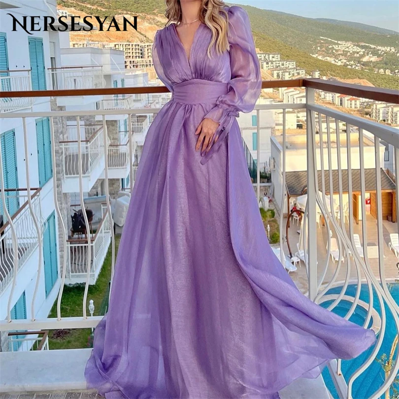 

Nersesyan Purple Chiffon V-Neck Formal Evening Dress Puff Sleeves Pleats Party Gowns Long A Line Draped Vestidos De Fiesta 2023