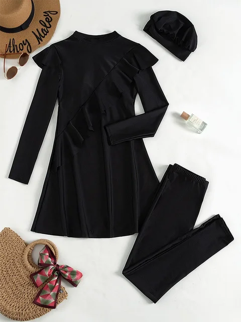 3 قطعة بوركيني نساء ملابس سباحة إسلامية الأزهار طباعة طويلة غطاء كامل ملابس السباحة الحجاب الإسلامي بحر السباحة ثوب السباحة 2