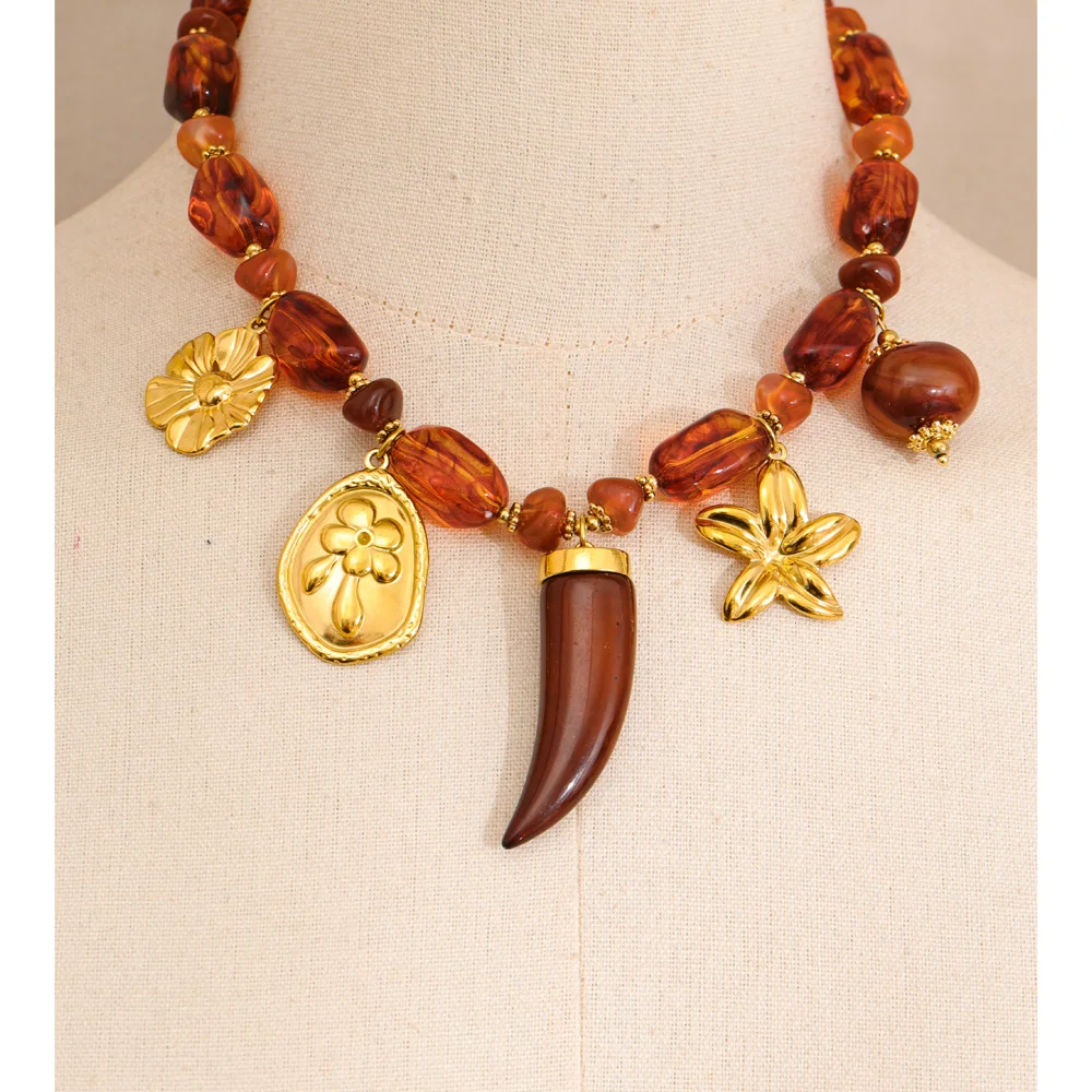 Yhpup Handmade Necklace Amber Resin Beads
