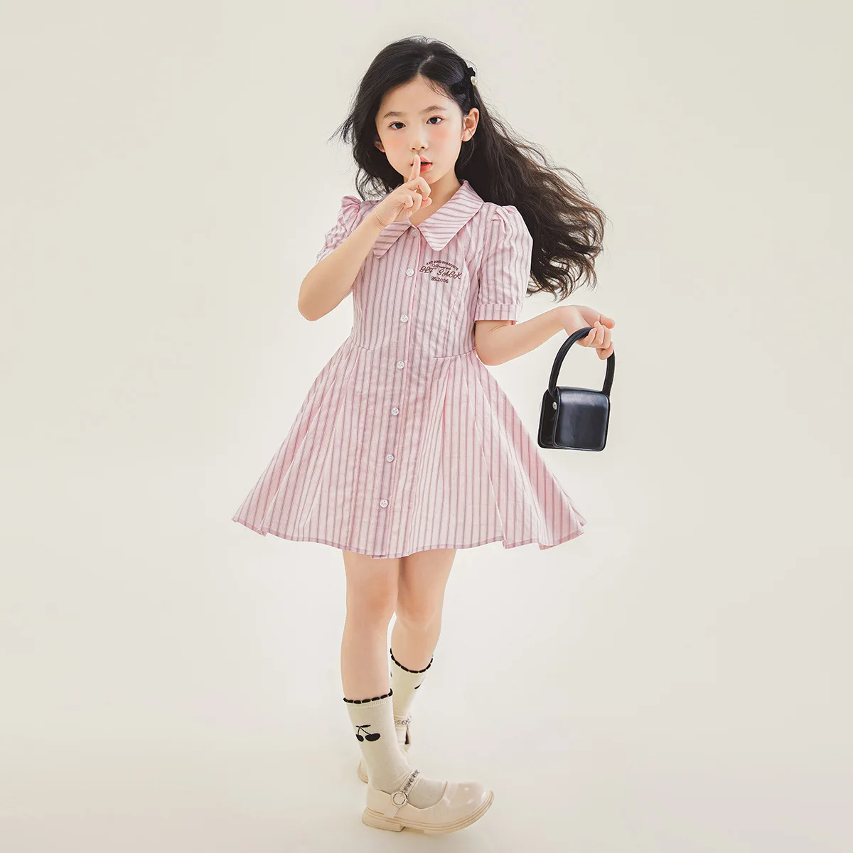 

JUCPKID Korean Summer School Girl Dress Children Girl Bubble Sleeve Striped Princess Dress Junior Girl One-piece Dress Dress