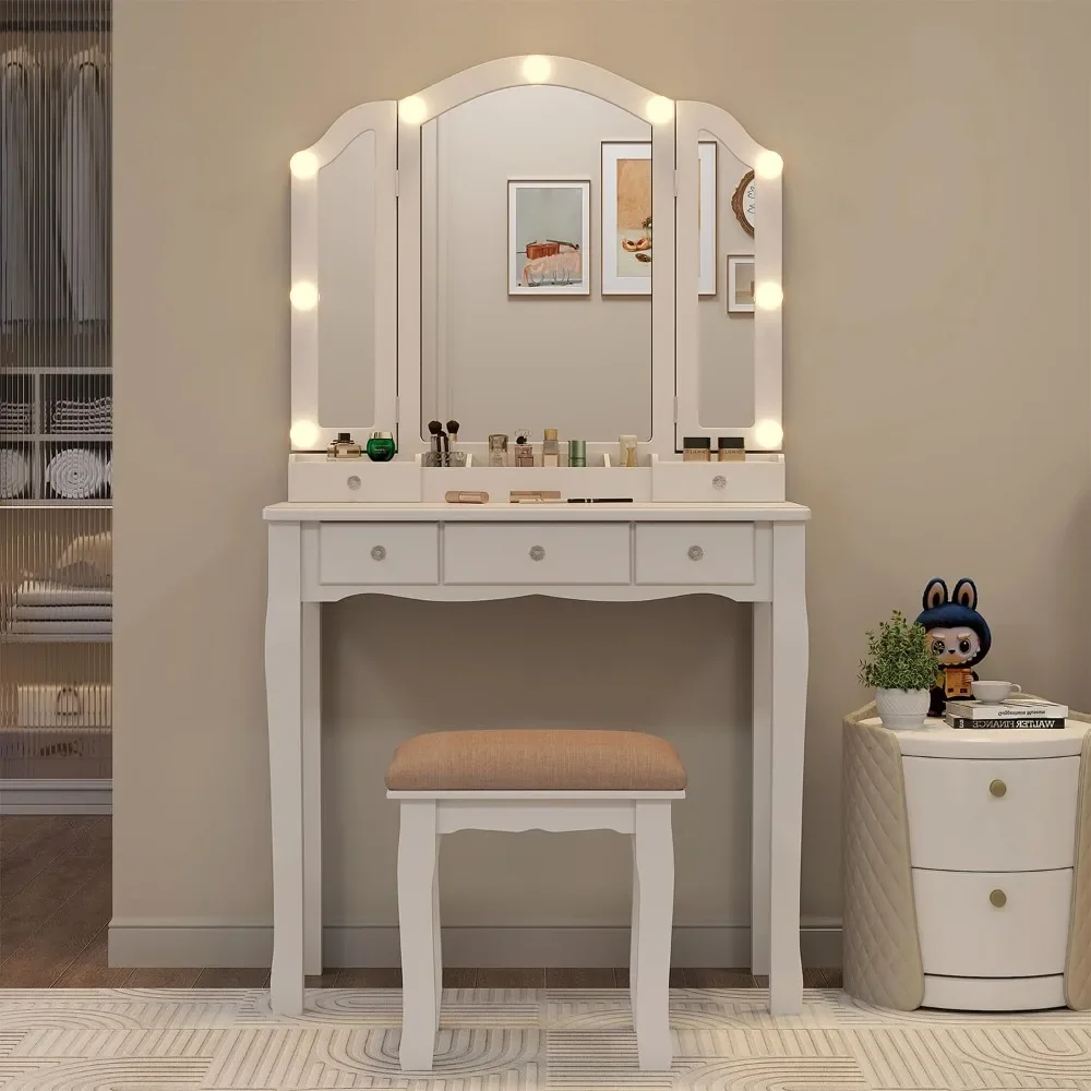 glamorous makeup vanity table with illuminated mirror and lighting