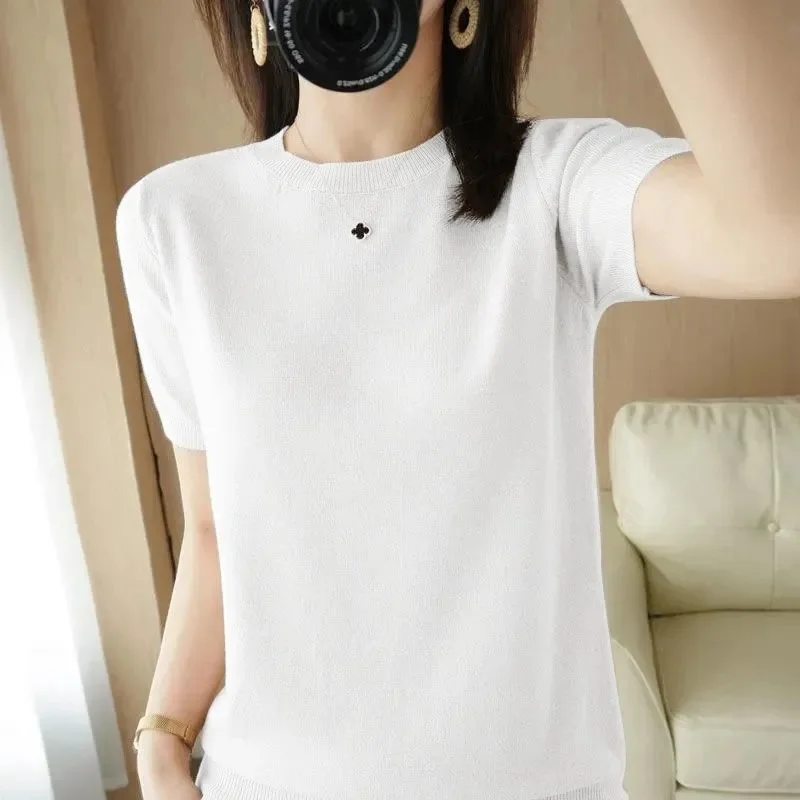 

Spring Summer Women Sweaters Short Sleeves O-neck Bottoming Shirt Knitwear 2024 Camel Green Pink Pullovers Korean Jumpers