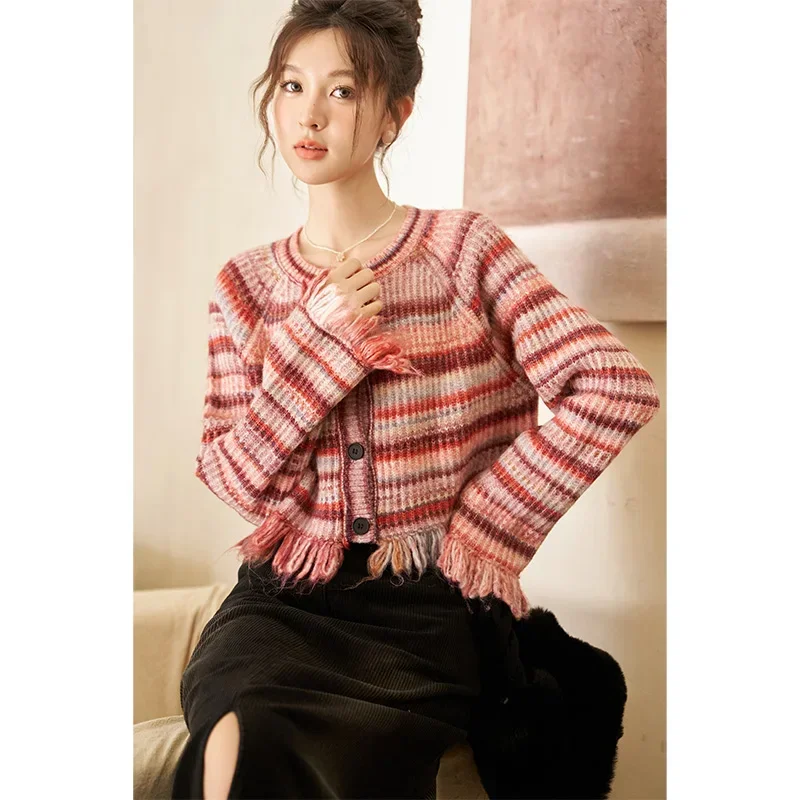 MISHOW Striped Tassel Short Sweater Cardigan Women Autumn Winter Jumpers  Knitted O-neck Raglan Sleeve Raw Edge Top MXC51Z0304 - AliExpress