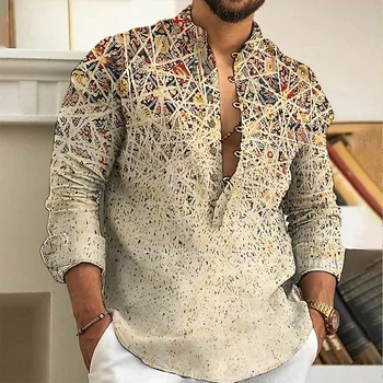 Linen shirt men's top cardigan button fashion trend pattern slim fit comfortable soft new retro top 2024 new plus size 6XL 1