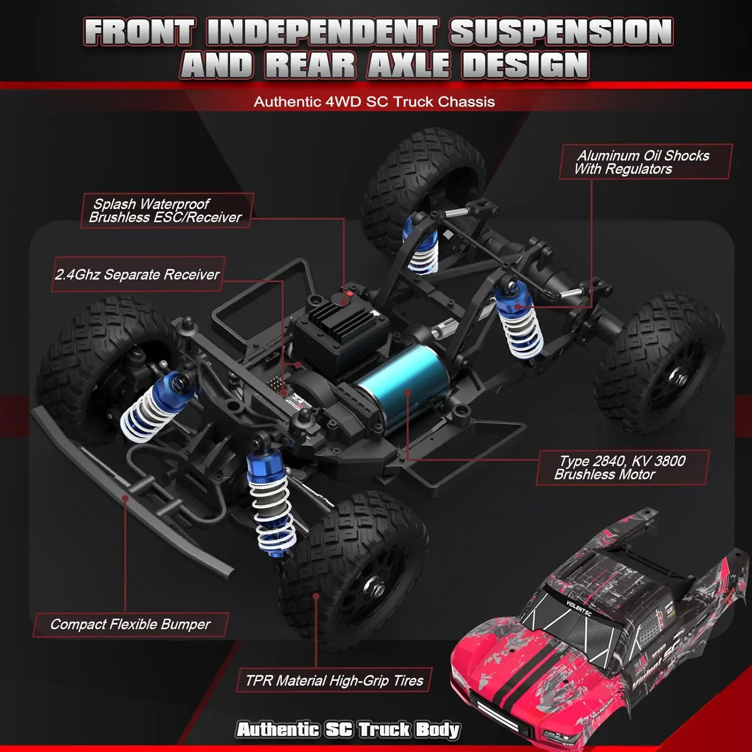 Off-Road Brushless RC Short-Course Truck, 1:14 Scale Fast RC Car, Max Speed of 42 km/h (or 60 km/h with 3S Battery), 4WD Electri
