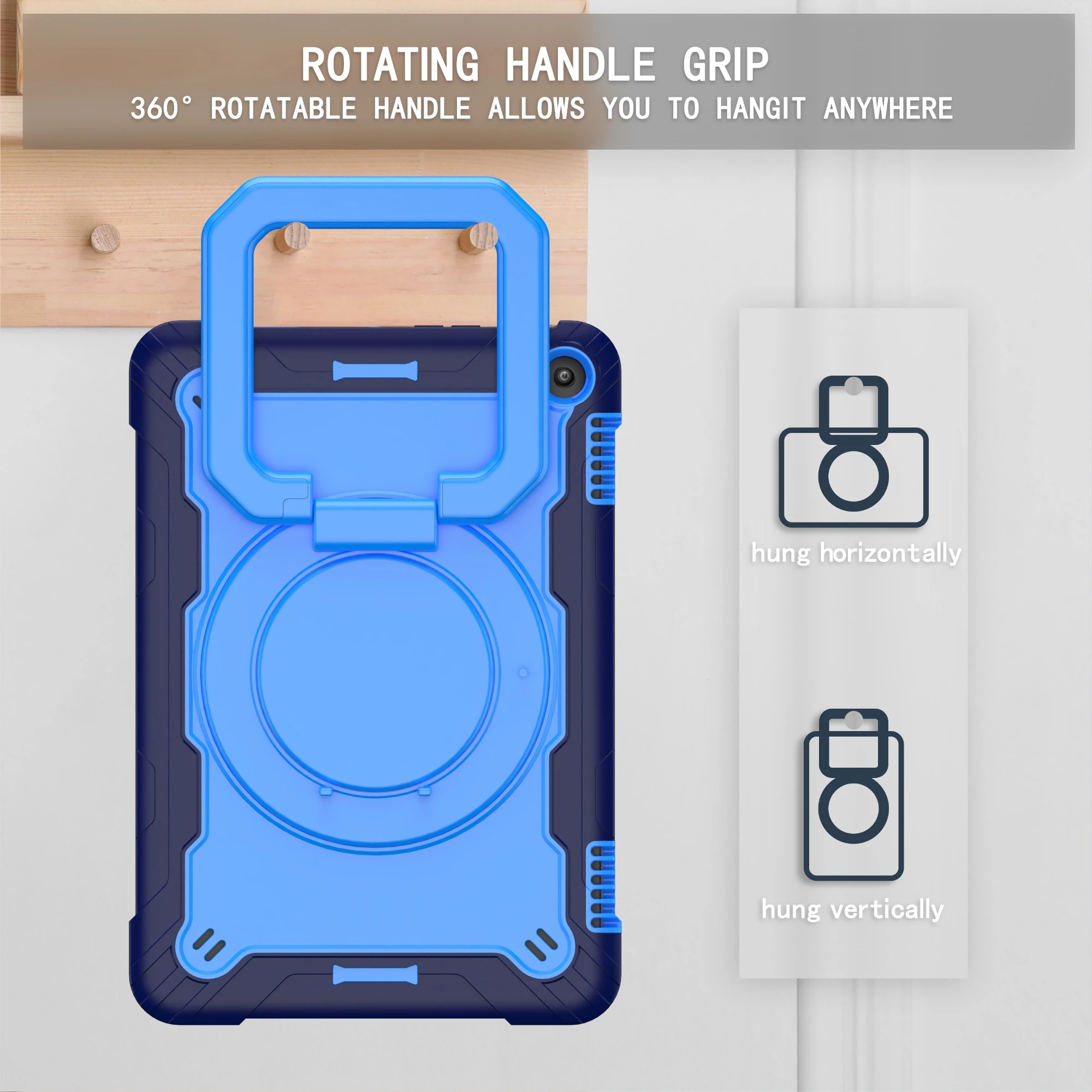 Durable Dropproof Tablet Case with 360° Swivel Holder and Shoulder Straps, Contrasting Design