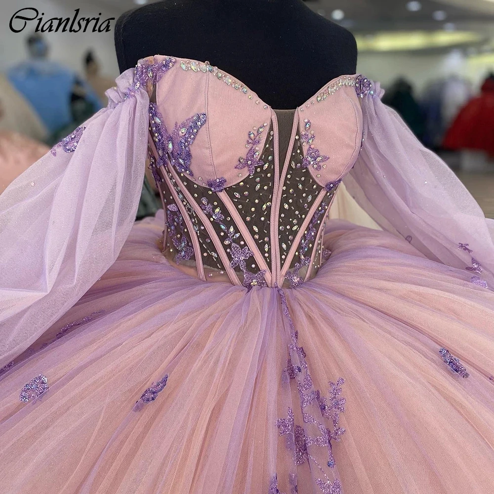 

Princess 3D Butterfly Beading Crystal Ball Gown Quinceanera Dresses Illusion Sequined Appliques Lace Corset Vestidos De 15 Años