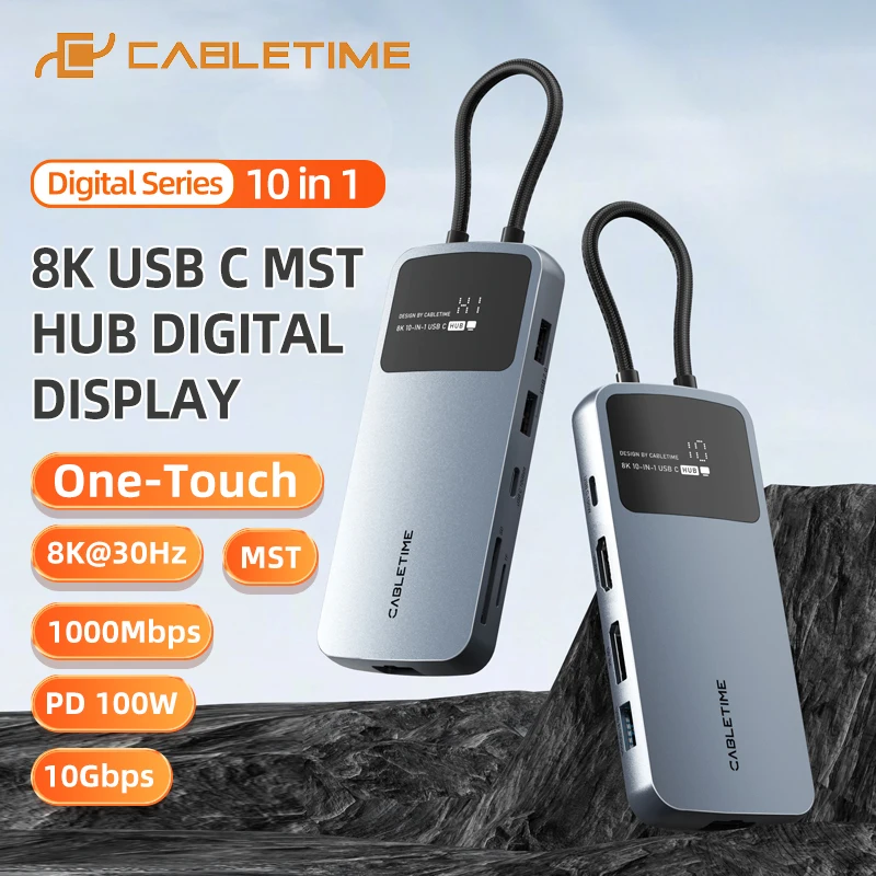 Cabletime-hub Usb c para Laptop Adaptador Macbook 8k 10 em Mst Hdmi Displayport Transferência Usb 10gbps Rj45 1000mbps Pd100w C471