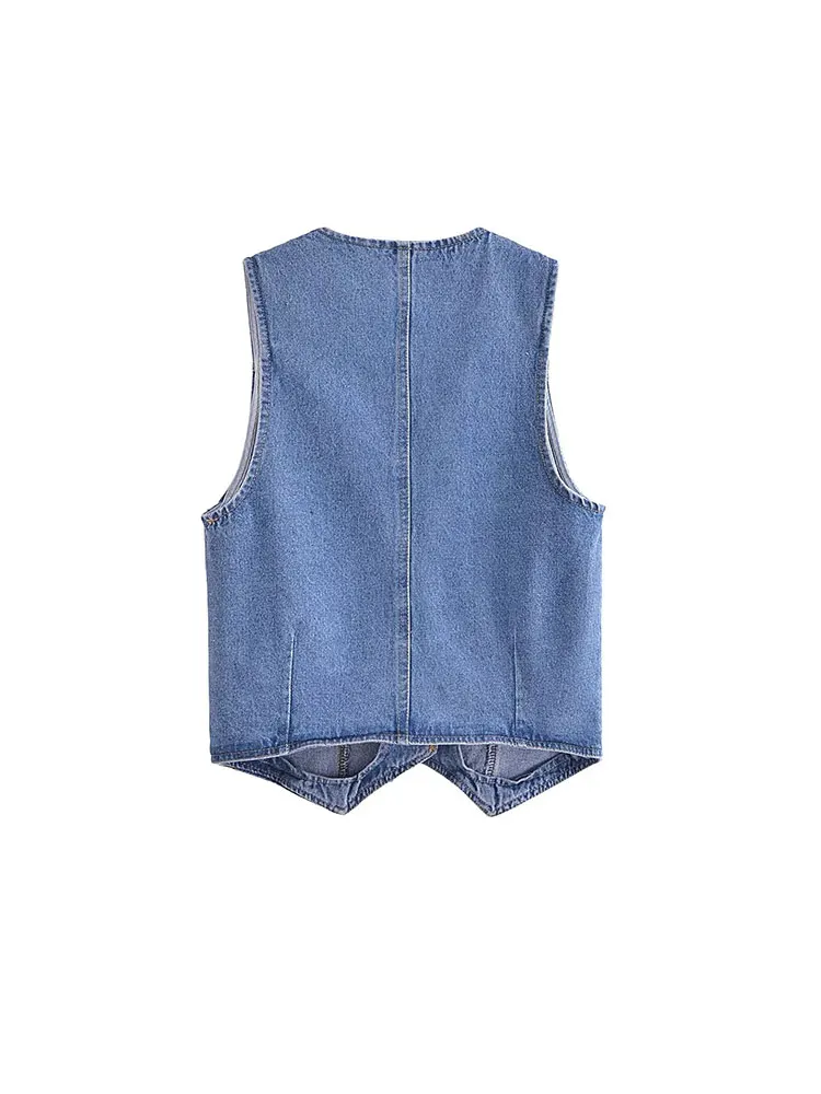 TRAF 2024 Summer Women Fashion Front Button Denim Waistcoat Vintage V Neck Sleeveless Female Outerwear Chic Tops