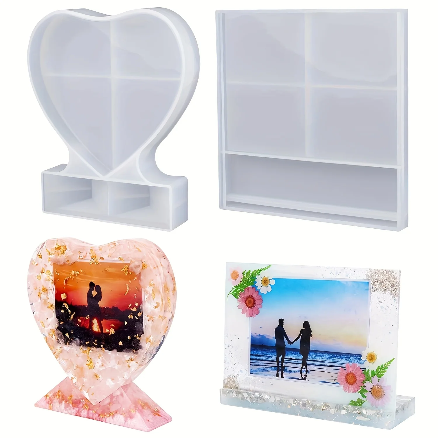 1 pezzo: stampi in resina per cornici per foto, stampi per colata in resina per cornici per foto, stampi quadrati e a forma di cuore, utilizzati per la decorazione del desktop domestico