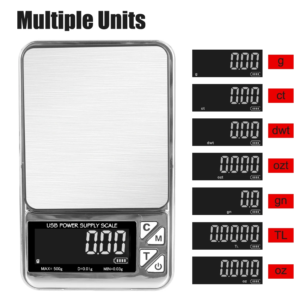포켓 주방 체중계 쥬얼리 저울 디지털 LCD 고정밀 전자 100g/500g 스테인리스 USB 충전