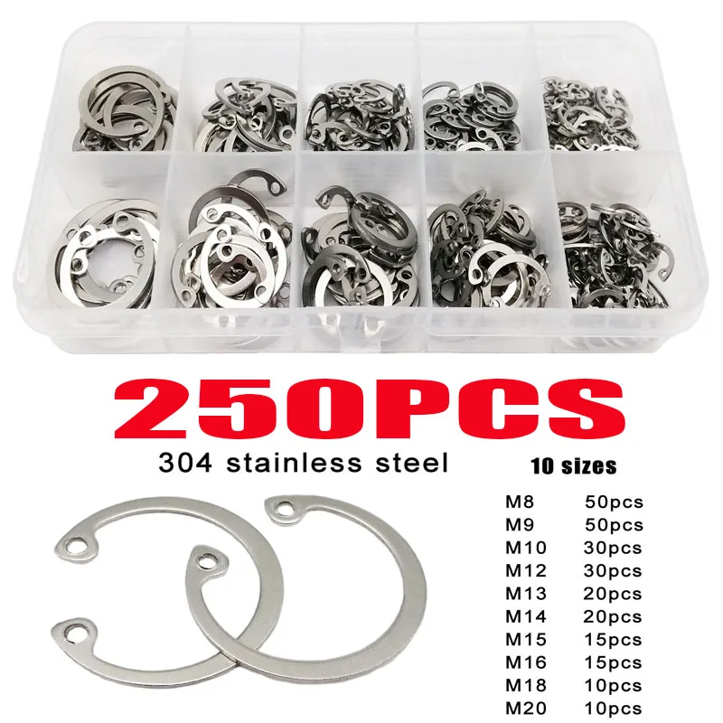 

250Pcs C-clip Washers M8 M9 M10 M12 M13 M14 M15 M16 M18 M20 Internal External Retaining Circlips Retaining Ring Stainless Steel