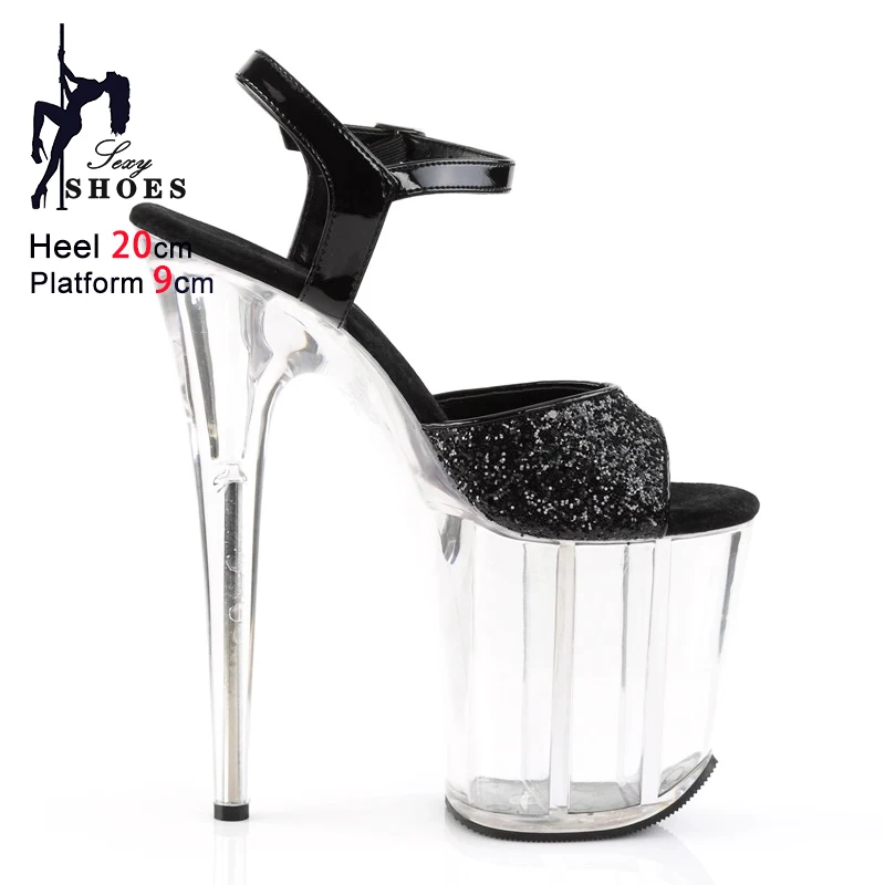 Extreme high heel Model Sandals 2025 new Clear Heel Fashion Party Dress Shoes For Woman Glitter Sequin Summer 20CM High Heels