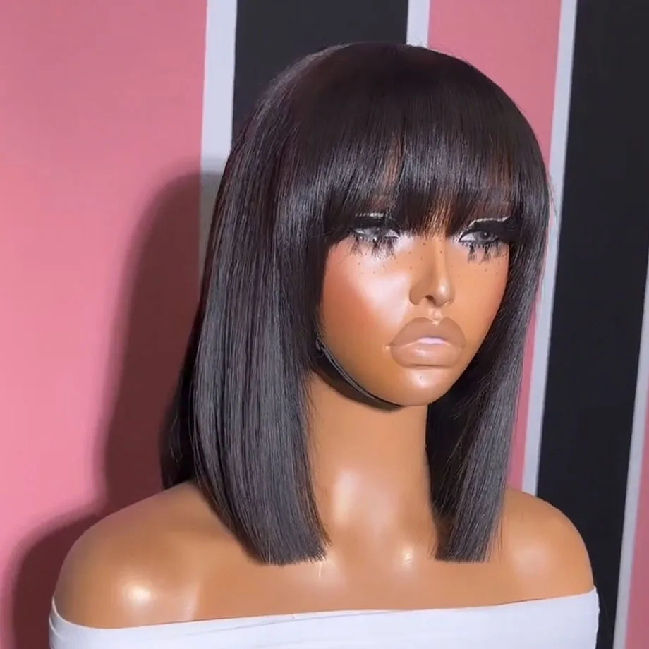 

Brazilian Human Hair Wig with Bangs Remy Straight Hair Bob Wigs Full Machine Made Wig for Women 8-16 Inches No Lace Bob Wigs