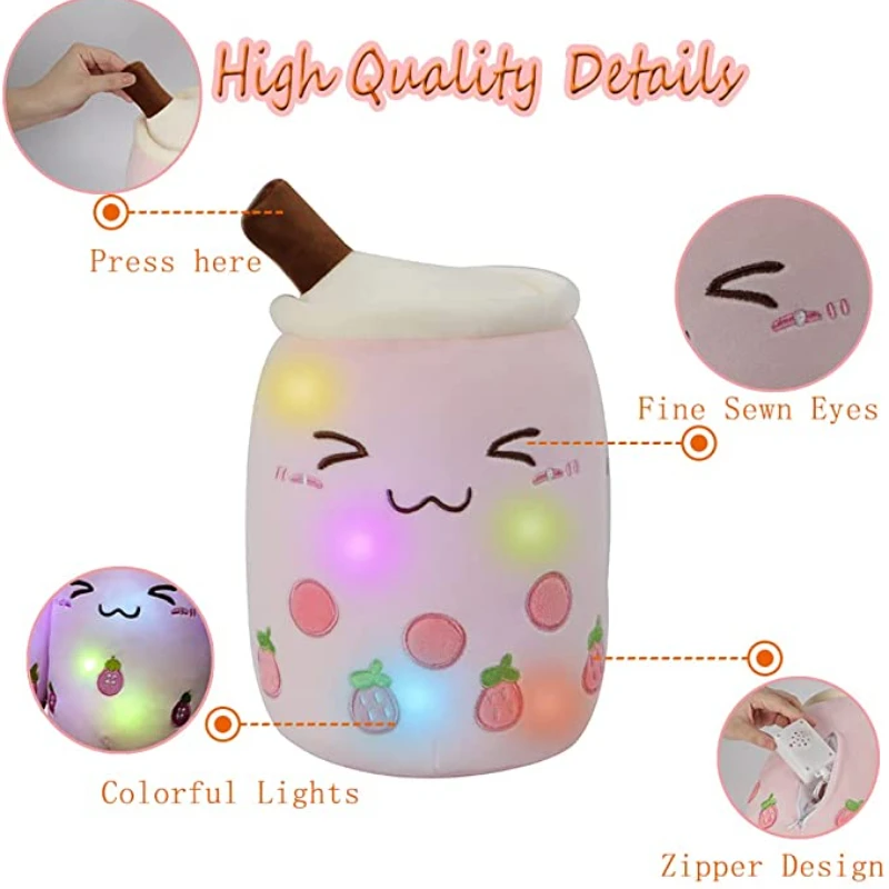 25cm Colorful Lights Boba Plush Toy Bubble Tea Stuffed Pillow Light Up Night Kid Gift Soothe Plushie Doll plush toy
