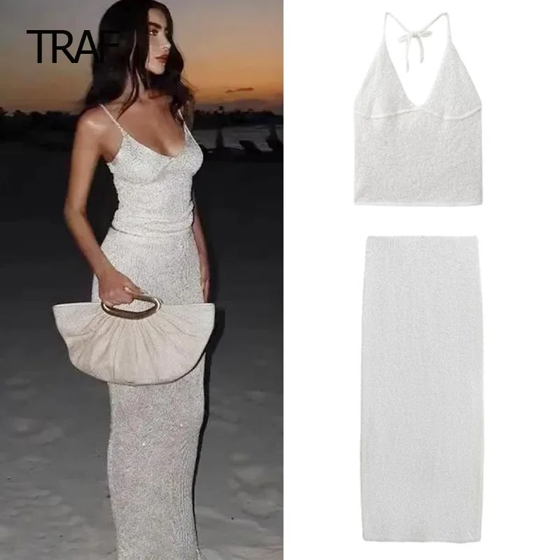 

Женский трикотажный комплект из юбки и топа, без рукавов, с открытой спиной