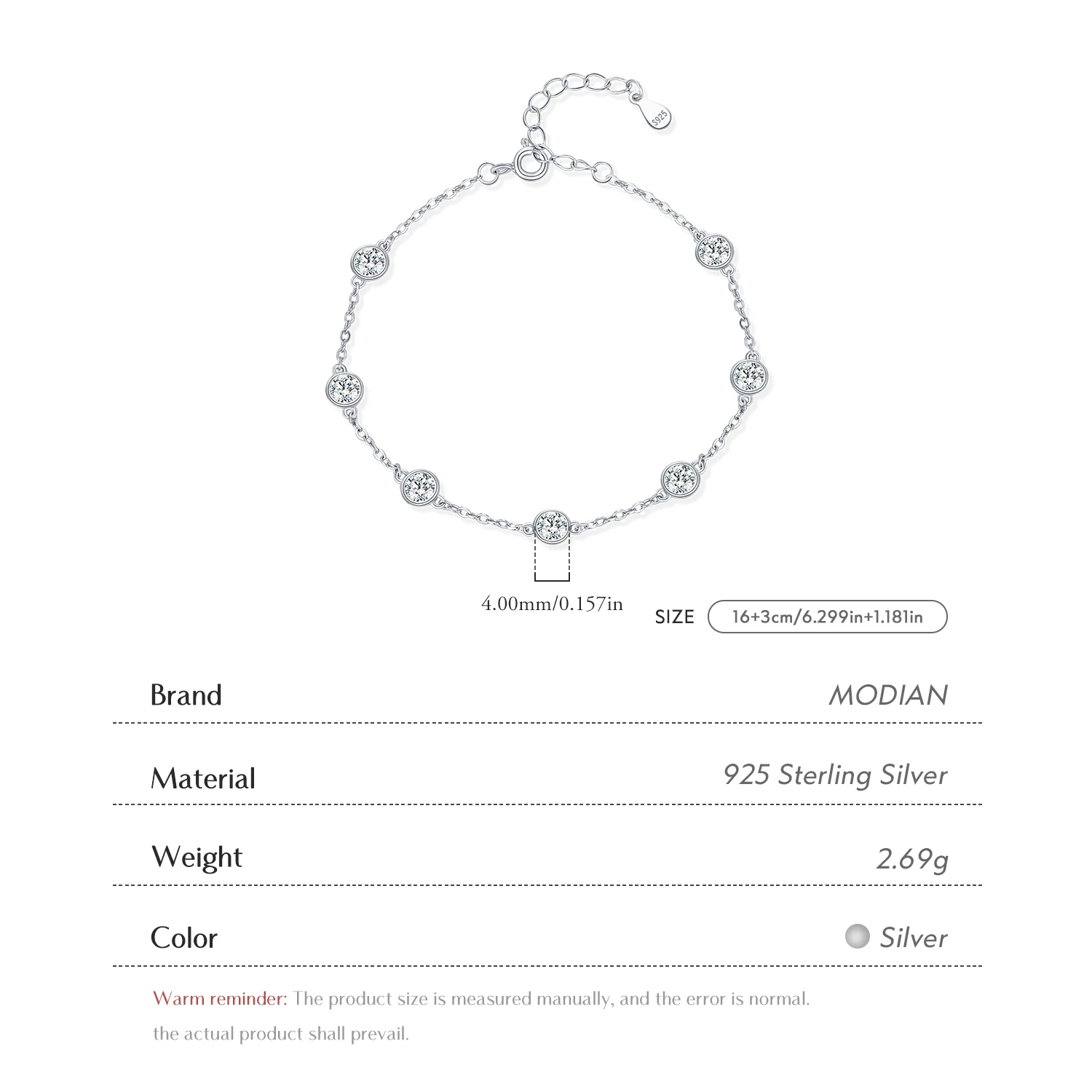MODIAN 베젤 라운드 스파클링 클리어 큐빅 지르코니아 Stackable Charm 패션 팔찌 여성용 파인 쥬얼리