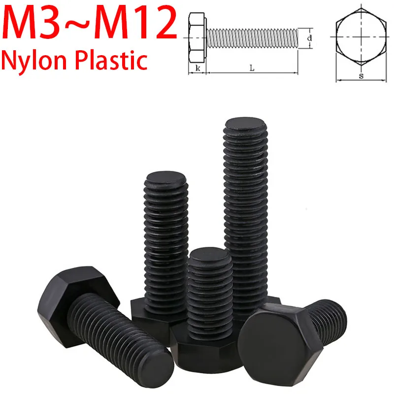 thumbnail image 1 of 5-50 Uds tornillos de cabeza hexagonal externos de nailon negro pernos hexagonales de plástico M3 M4 M5 M6 M8 M10 M12 para uso de aislamiento de calor/electricidad, 1 of 4