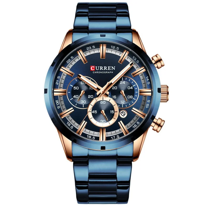 

Quartz Watches For Men's Blue Dial Stainless Steel Strap Date Men's Business Watch Waterproof Men's Watch Relogios Masculino