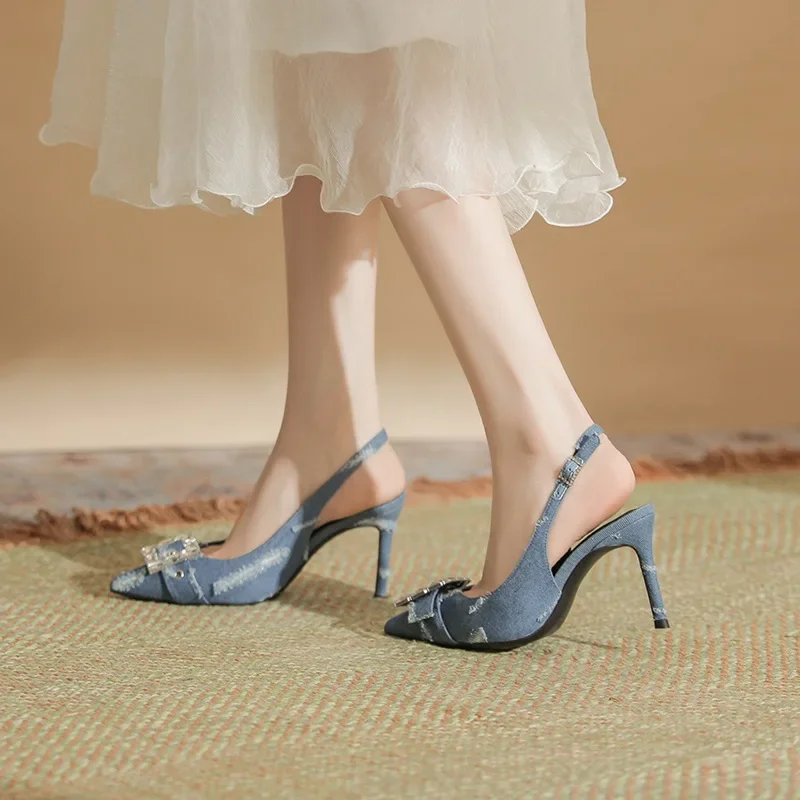 Frauen Sexy Blau Denim Strass High Heels Sommer Koreanische Mode