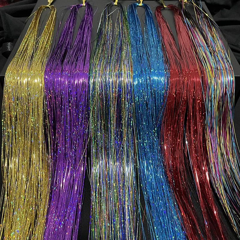 90cm Shiny Sparkle Threads Glitter Hair Tinsel Rainbow Strands Gold Hair Laser False Hair Extensions For Women Girl Kids Styling 6