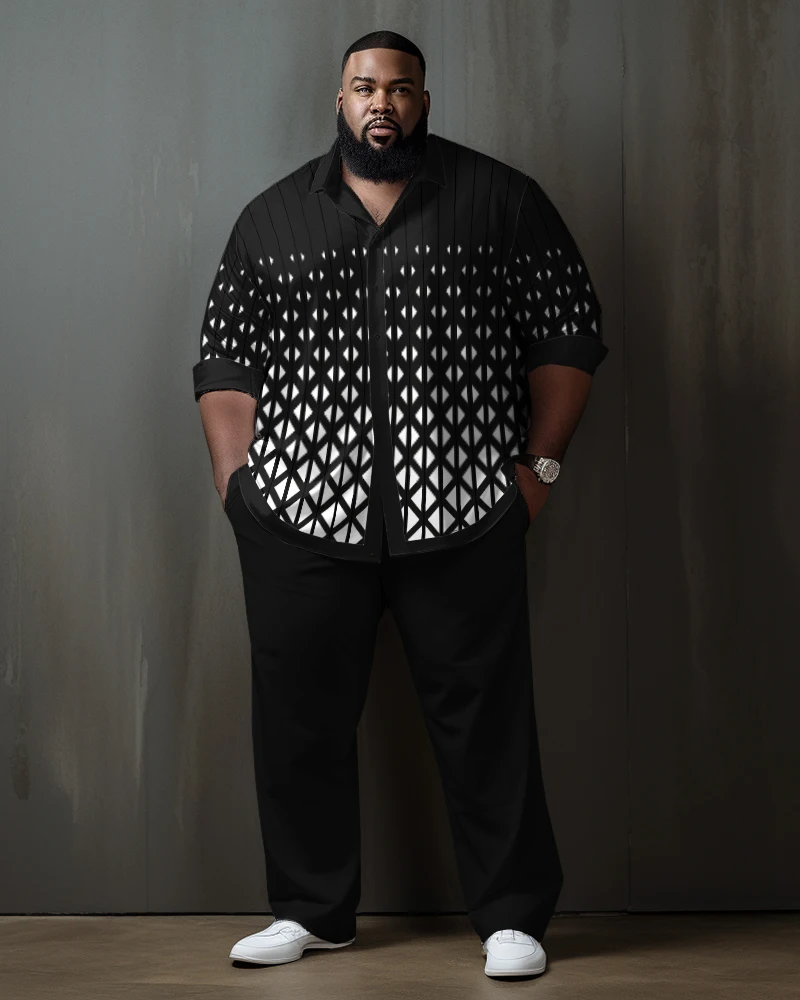 Biggmans Gradient Two Piece Sets Shirt for Men's Office Clothing Print Lattice Long Sleeves Pants Big Plus Size Suit L-9XL