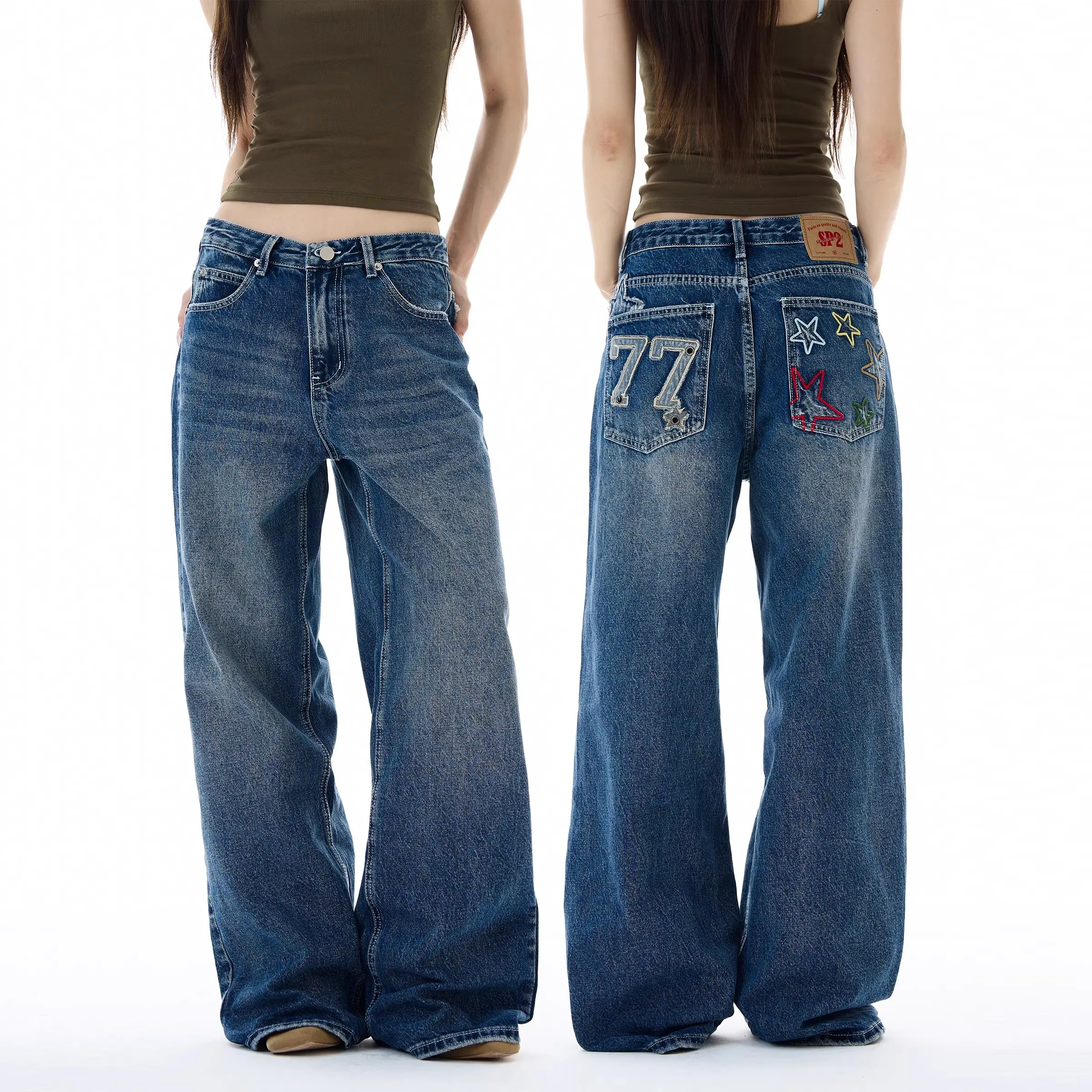 Women's Loose Straight Leg High Street American Style Jeans Wide Leg Trousers with Patch Design Couple Trendy Brand