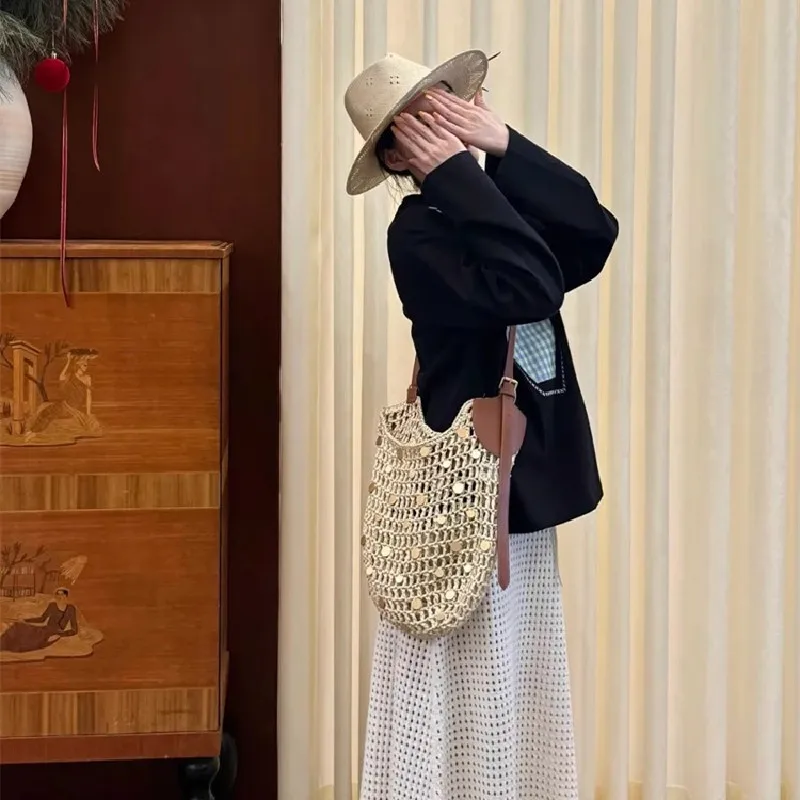 NEW Summer Women's Rattan Crochet Beach Tote Handbag Vintage Straw Woven Shoulder Bag for Casual Commute