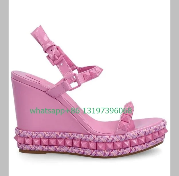 

Lady pink platform embellished PU wedge heel sandals buckle strap open toe daily elegant pink color new arrive sandals size 43