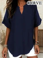 Plus Size 1XL-5XL New Women's Fashion Solid Color Notched Top Ladies Casual Short Sleeve Comfort V-Neck Blouse Shirt Tops - Image 3