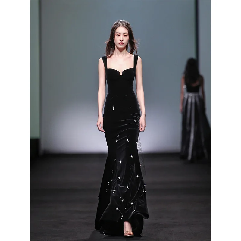 Handmade Custom 2024 Black Slimming Fishtail Dress, Business Banquet Evening Dress, Party Mesh, Flower Wedding Dress