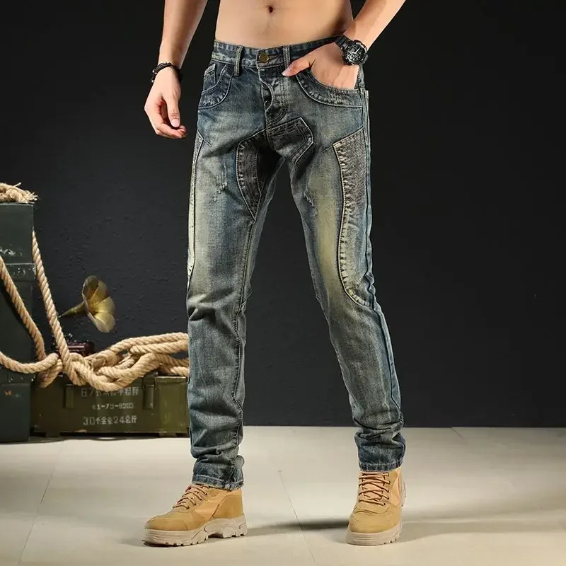 

Trousers Spliced Jeans for Men Tight Pipe Male Cowboy Pants Skinny Japanese Street Style Low Rise Motorcycle Slim Fit Korean Xs