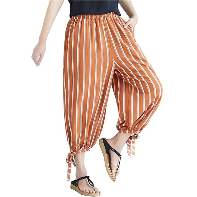 

Новые модные летние брюки Bloom Pants Women 2022 Полосатый принт с эластичной тонкой талией Повседневные брюки Женские брюки до середины икры G186