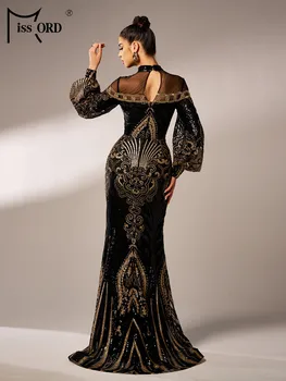 Missord Plus Size Round Neck Long Sleeve Sequin Mermaid Evening Gown Wedding Birthday Party Formal Occasion Floor Length Dresses