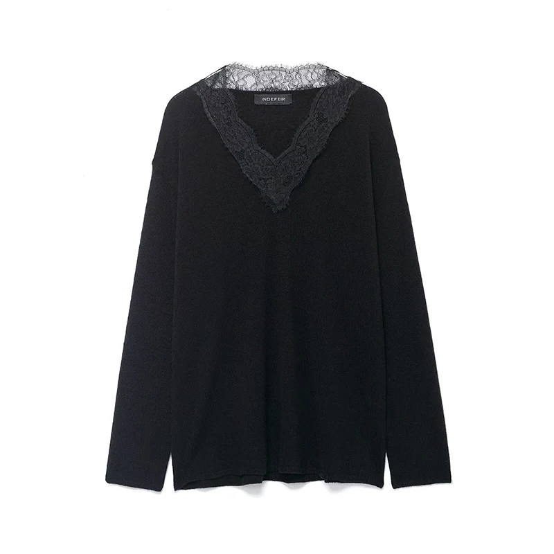 Autumn Winter Chic Knitted Pullover Women Elegant Lace Splicing V neck Sweater Casual Long Sleeve Female Elegant Knitwear Top