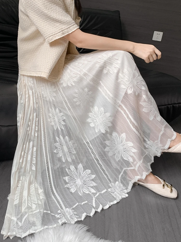 Mid Long Skirts Womens Maxi Skirt Spring Summer Korean Style Casual High Waisted A-Line Floral Lace Skirt Pleated White Black nike court royale 2 next nature white dq4127 103 womens sneakers