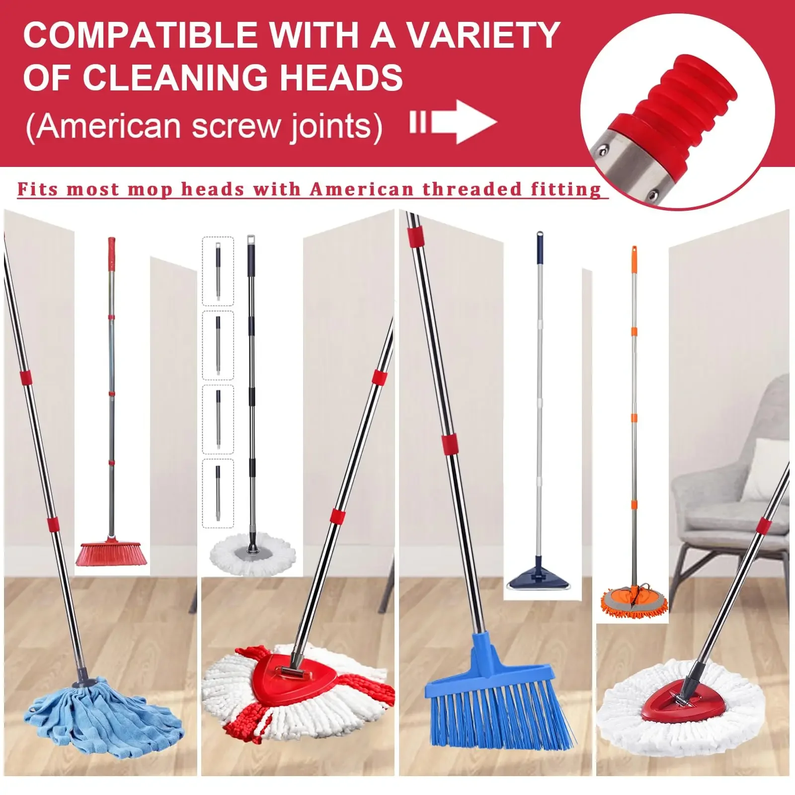 Mop Replacement Handle Compatible with Ocedar/Vileda Turbo Mop Head Replacement Heads, Mop Handle for EasyWring Mop 3