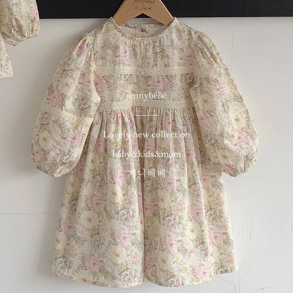 Le Ragazze Vintage Vestono L'Autunno Floreale In Pizzo Manica Lunga Per Bambini A-Line Dress Cute Neonate Sister Dress Family Clothes Xmas
