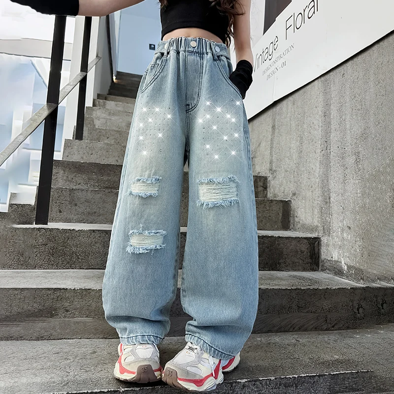 

Spring Autumn Teenager Ripped Girls Hole Wide Leg Pants 8 10 12 Yrs Street Children Casual Jeans Kids Toursers