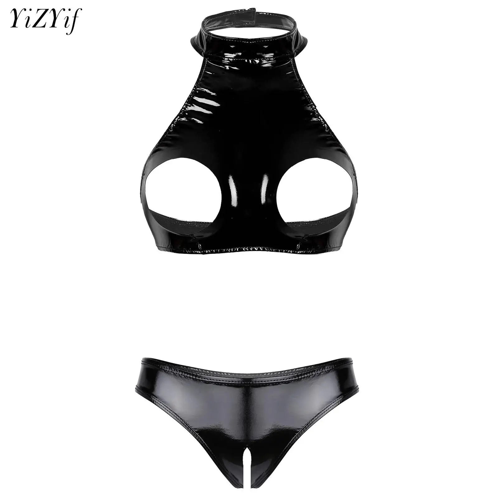 

Women Wet Look Bare Chested Lingerie Set Sexy Patent Leather Underwear Suit Open Cups Bra Tops with Crotchless Briefs Clubwear