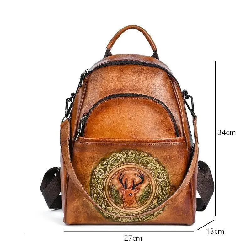 Handmade Backpack Genuine Leather Woman Shoulder Bag Retro Cowhide Embossing Travel Bags