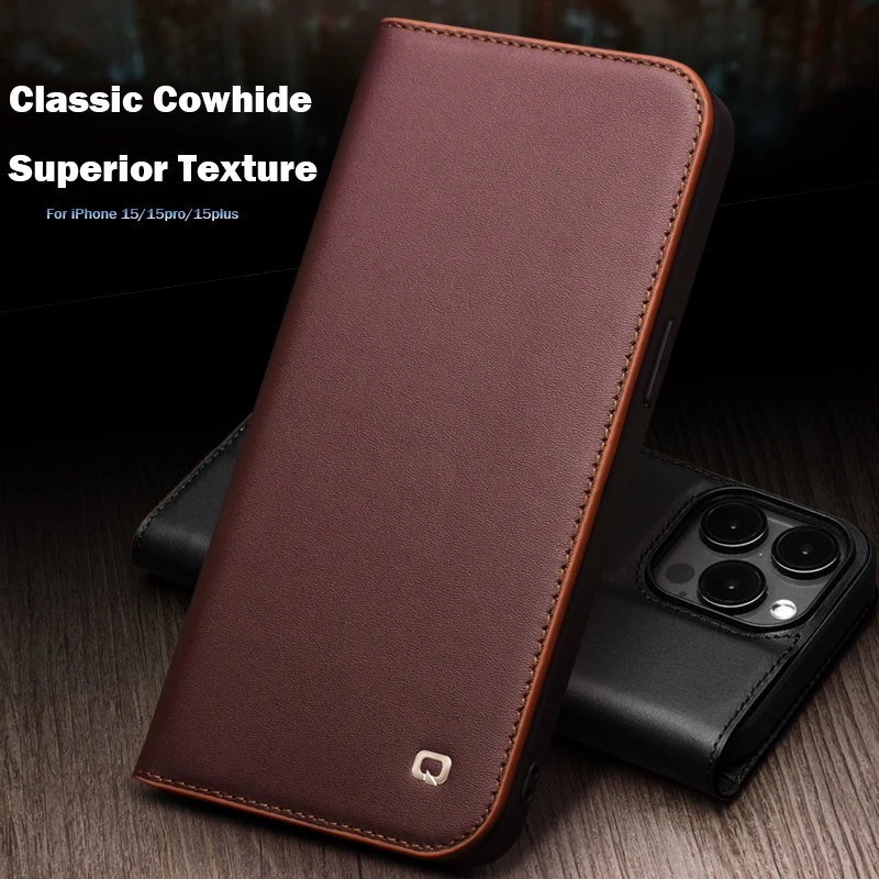 

Qialino Genuine Leather Flip Case For Iphone15 Plus Bracket Handmade Business Cover With Card Slots For Iphone15 Pro Max/15 Pro