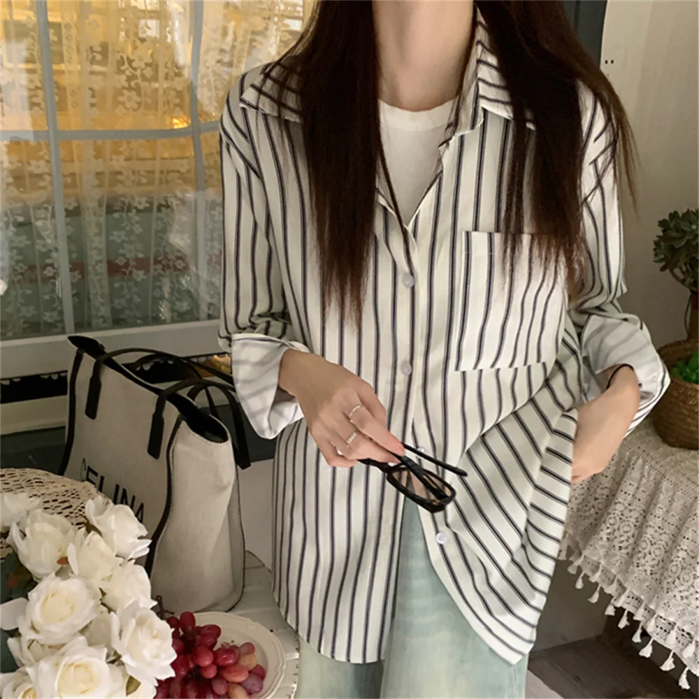 

PLAMTEE Chic Hong Kong Shirts Women Stripes OL Full Sleeve Vintage Spring 2023 Office Wear High Street Loose New Casual Blusas