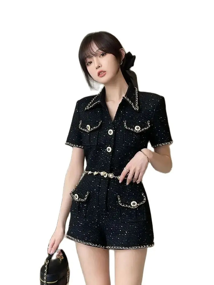 Playsuits Black Short Office Ladies Spring Summer Tweed Rompers Sleeve Slim Fit Designer Elegant High Waist Shorts Women Vintage