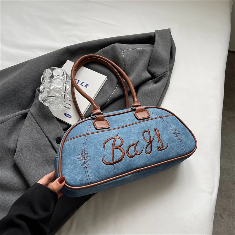 Vintage Shoulder Bag For Women, Embroidered Letter Bowling Bag