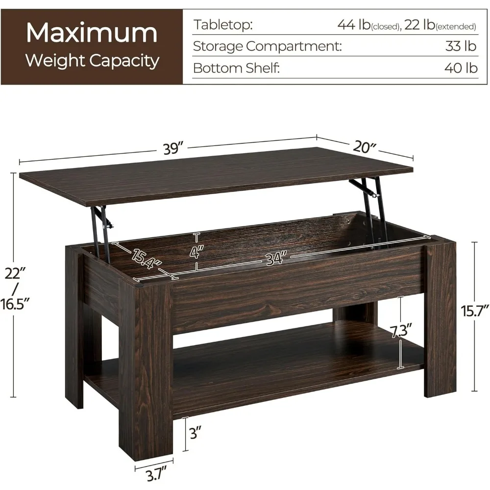 Lift Top Coffee Table with Hidden Compartment and Storage Shelf, 38.6in L, Café Tables 3
