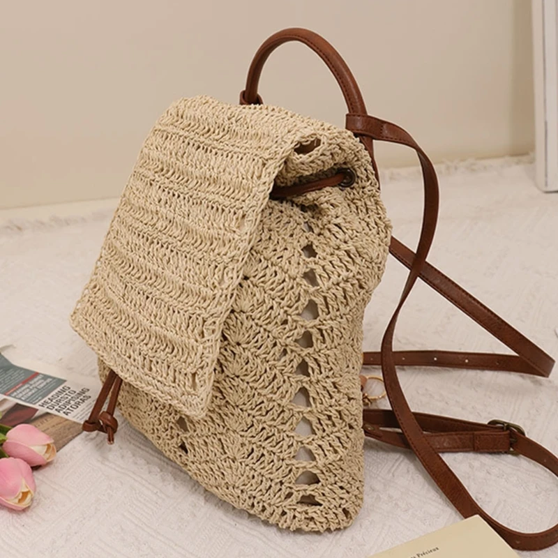 Women Fashion Straw Handmade Woven Backpack Flap Drawstring Shoulders Bag Beach Daypack