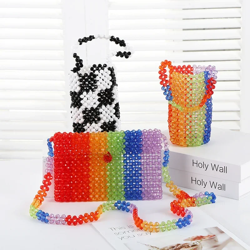 

Customized Crystal Bag New Multi Color Beaded Woven Flap Handbag Fashion Personalized Rainbow Design Women's Shoulder Bags