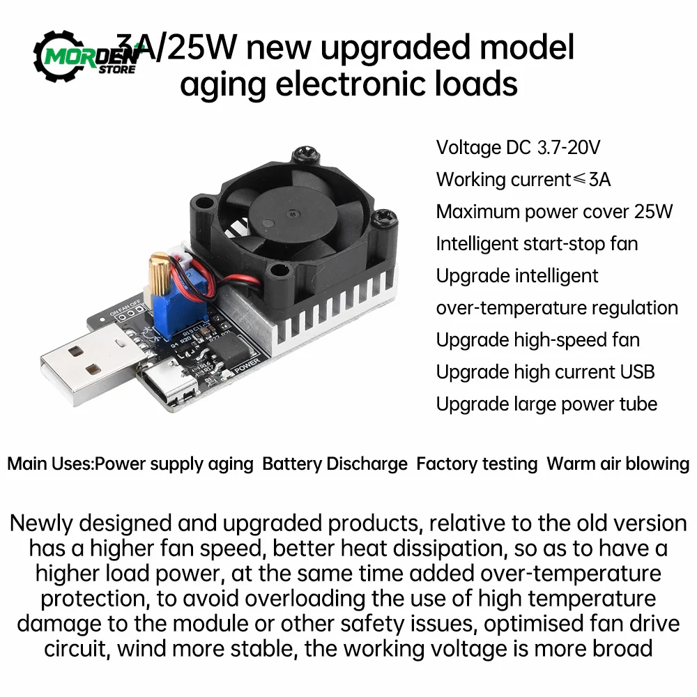 DC 3.7-20V 3A  25W Load Tester Electronic Test Resistor Module USB&Type C Interface Adjustable Constant Current with Cooling Fan 4