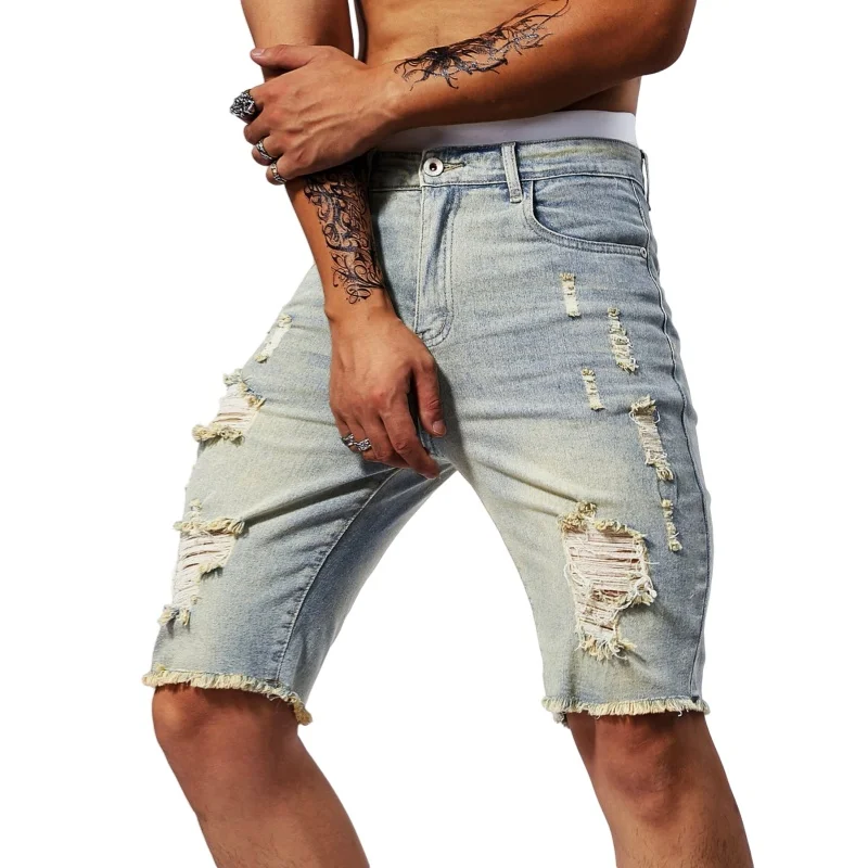 Men's Summer Casual Personality Irregular Foot Denim Shorts Wool Ripped Vintage Street Fifth Jeans 4